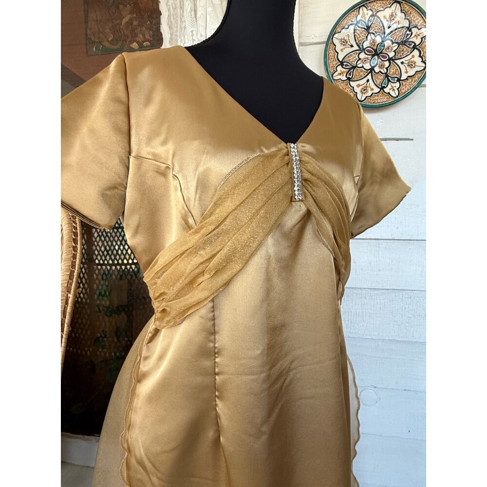 Vintage 60's Gold Satin Organza Formal Dress Rhinestones Bow Back M/L - Picture 12 of 16